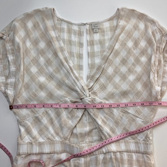 LOFT BEACH Womens M Lightweight Tan Gingham Plaid Gathered Knot Front Romper - Picture 5 of 6